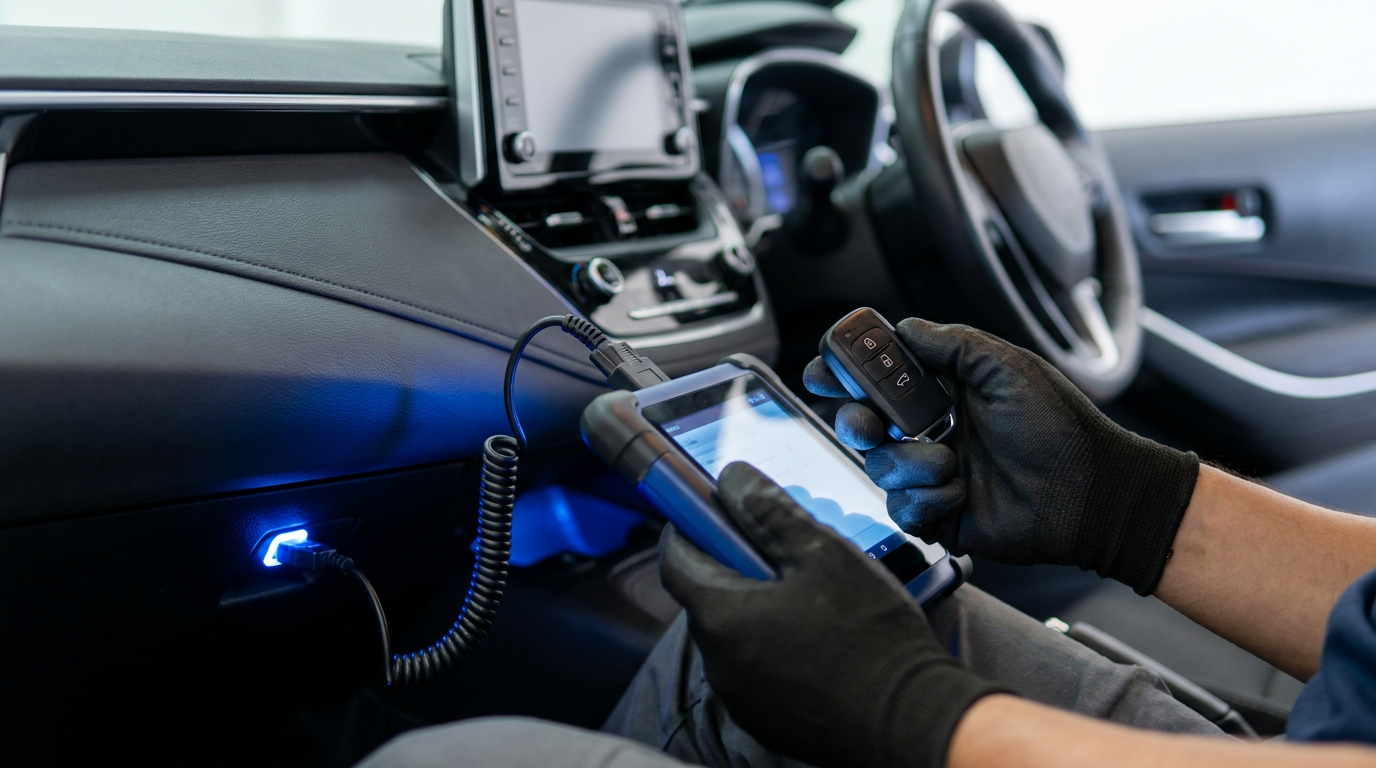 Locksmith accessing a vehicle's key programming system for an all-keys-lost replacement